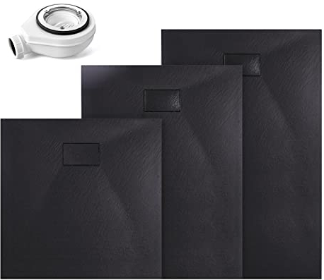 EMKE Duschwanne 90x90 cm Schwarz, Duschwanne mit Siphon und Abdeckung Anti-Rutsch, Duschtasse 90x90 cm Komplettset SMC Duschwannen Flach Zuschneidbar mit Ablaufgarnitur
