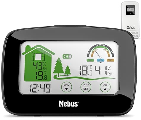 MEBUS funkgesteuerte Wetterstation mit Außensensor, Thermometer/Hygrometer (innen/außen), Wohlfühlindikator bewertet Raumklima, Min-/Max-Funktion, Beleuchtung, Wecker, Farbe: Weiß, Modell: 40903