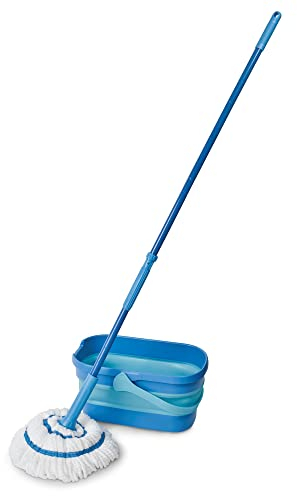 Spontex Kit Balai serpillère & seau ultra-compact Twist Mop - Franges en microfibre avec système d’essorage intégré - Seau rétractable de 10L - Nettoie les sols stratifiés, planchers et carrelages