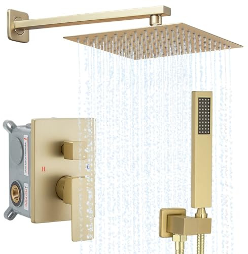 YCAIKOI Gebürstetes Gold Duschsystem Wandhalterung Duscharmatur Set für Badezimmer 10 Zoll Hochdruck Luxus Duschkopf mit Handheld, rauem Ventilkörper und Verkleidung enthalten
