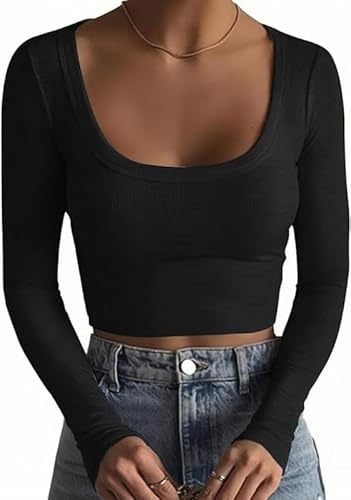 Rongseng Camiseta de Manga Larga para Mujer Crop Tops Sexy Slim Fit Camisetas Corta Cuello Redondo Y2K Básico Top Deportivo Elasticidad T-Shirt Color Sólido Jersey Pullover Moda Casual Streetwear