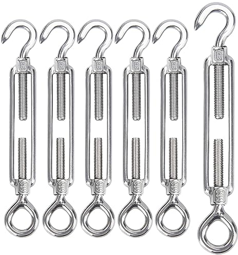 GothicBride 6 tenditori M6 in acciaio inox, tenditore con gancio e occhiello, gancio regolabile e occhiello per tenditori, gancio per tenda da sole, sistema di funi da giardino, tenditore per