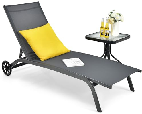 KOMFOTTEU Sonnenliege mit Rädern & 6-Fach Verstellbarer Rückenlehne, Gartenliege wetterfest, Strandliege auf Rädern bis 150kg belastbar, Relaxliege Liegestuhl für Garten, Balkon, Terrasse (Grau)