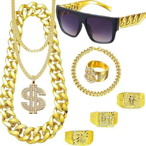 DONGZQAN 8 stycken gangster halljacka kostym guldkedja karneval, hip hop rappare kostym, 80-tals outfit män, dollar kedja/stor gyllene kedja/dollar ring/gyllene armband