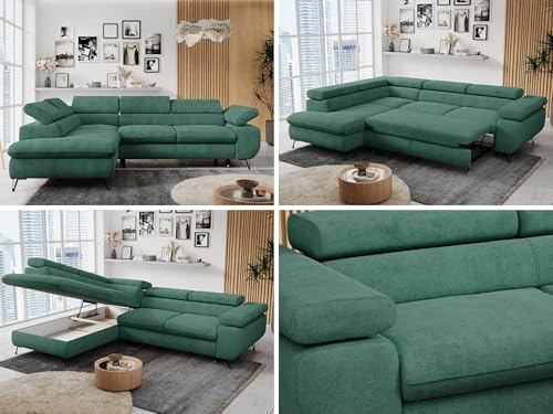 MKS MEBLE Ecksofa Wohnlandschaft L-Form mit Schlaffunktion und Bettkasten, Schlafsofa mit Bettkasten, Sofa mit Einstellbare Kopfstützen, Peter L - Stukture - Links Grün