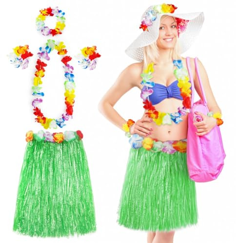 Aomig Hawaii Mottoparty Kostüme Set Rock, Hawaiian Gras Hula Rock Sets, 60cm Lange Hawaiianischer Grasrock mit Halskette Armbänder Haarblume Grasröcke für Cheerleading Strand Partys Ostern(Grün)