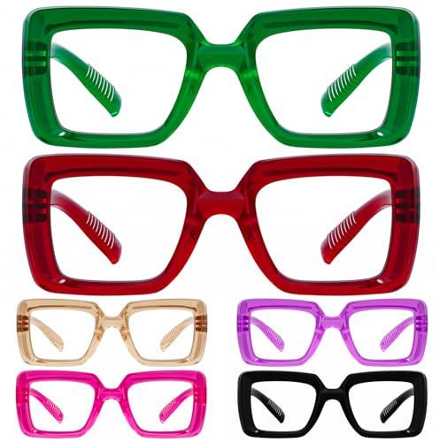 Eyekepper Gafas de lectura para mujer Sin metal Sin tornillos bisagras de muelle Paquete de 6 Mujer de gran tamaño cuadrada Marcos gruesos gafas para presbicia +1,50