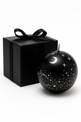 Mystical Black Sphere Candle with Silver Moon & Stars – Handmade Soy Wax, Celestial Decor & Unique Gift for Astrology & Magic Lovers