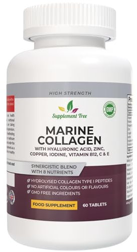 Hydrolysed Marine Collagen Peptides Tablets 1200mg with Hyaluronic Acid, Vitamins C, E, B12, Copper, Zinc, & Iodine - High Strength Supplements for Women & Men - Hair Skin and Nails - 60 Tablets