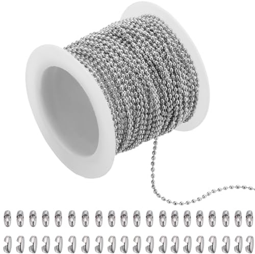 SUNNYCLUE 50Pcs 33 Feet/10m 1.5mm Ball Bead Chain Beaded Dog Tag Chains Bulk Silver Metal Pull Extension Roll Key Matching Connectors with Ball Clasps Chains for jewellery Making DIY Crafts Beginner