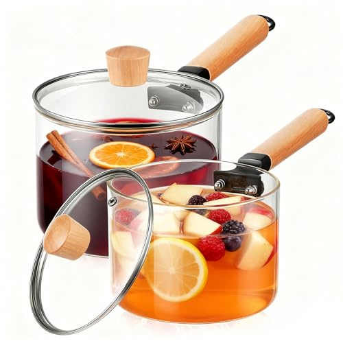 Teenyyou 2 Stück Simmertopf, 1,5 l und 2 l Glas-Kochtopf, hitzebeständige Potpourri-Simmer-Töpfe zum Kochen von Glühwein, Kakao, Simmertöpfe für Nudeln, glatt