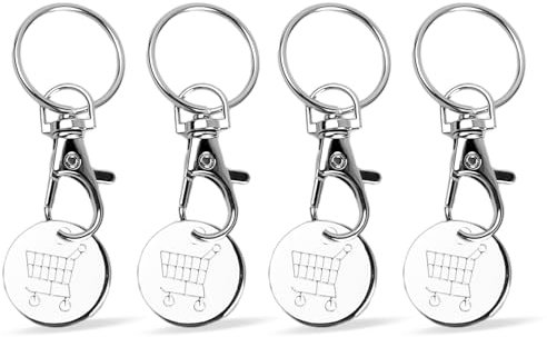 Dokeno 4 Pezzi Gettone per Carrello della Spesa in Acciaio Inox, Chiave Gettoni Autoscontri Portachiavi per Trolley