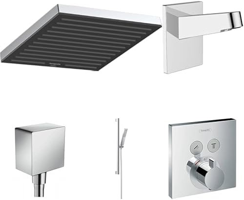 hansgrohe Pulsify E - Duschsystem Unterputz mit ShowerSelect Thermostat, Kopfbrause, Handbrause, Duschschlauch, Duschstange, Duschkopfhalterung und Schlauchanschluss, Chrom