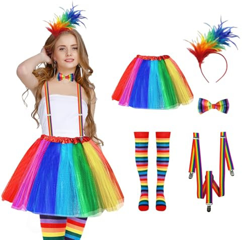 CAIJ Karneval Regenbogen Damen Kostüm, 5er Regenbogen Kostüm Regenbogen mit Riemen Tüllrock Bunt Feder Stirnband Kniestrümpfe Bunt für Erwachsene für Kostümparty Mottoparty