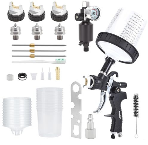 HVLP Air Spray Paint Gun, Blumway Spray Paint Gun with 1.4/1.7/2mm Nozzles & Air Compressor Regulator, Heavy-Duty Paint Sprayer with 10pcs 600cc Mixing Cup and Lids, for Car/House Painting/Furniture