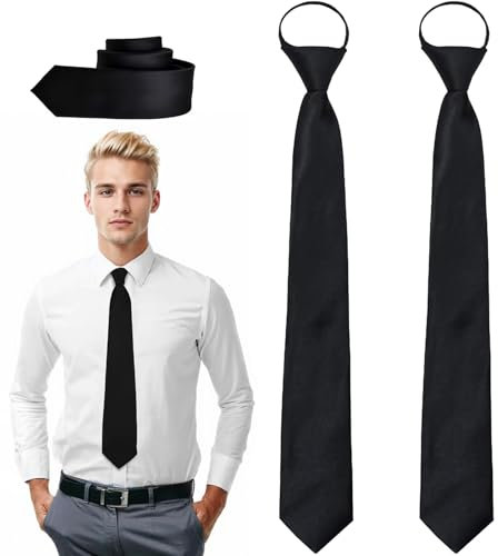 2 Stück Krawatte Schwarz Vorgebundene Krawatten für Herren, Verstellbare Schmale Krawatten mit Reißverschluss, Vorgebundenen Knoten Krawatten Schlips Herrenkrawatte für Geschäft, Büro, Hochzeiten