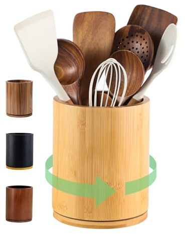 gorsent Wooden Utensil Holder, 360°Rotating 7.3'' Large Utensil Holder for Kitchen Counter, Kitchen Utensil Organizer, Utensil Crock, Farmhouse Kitchens Countertop Decor, Bamboo Wood