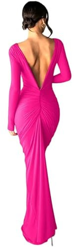 Generico Estilo Elegante Vestido de Noche de Mujer Sin Respaldo de Manga Larga, fucsia, S