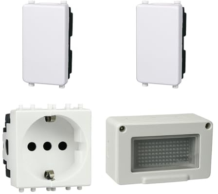 Kit Scatola Elettrica IP55, Completa Di Frutti Compatibile Con Vimar Plana, 4 Moduli 1 Presa Schuko P40 + 2 Interruttore, Contenitore Con Coperchio, Da Muro Parete Esterno e Interno