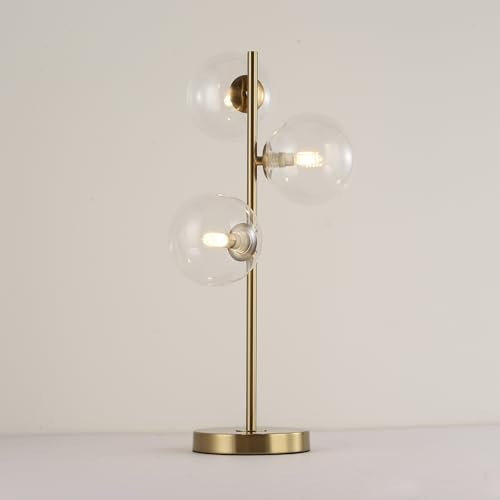 Alpinaluz Lampada da tavolo Belgio con 3 sfere di vetro trasparente Ø12 cm - Base dorata in acciaio, altezza 52 cm - Attacco G9 (x3) - Design moderno decorativo per camera da letto, soggiorno o