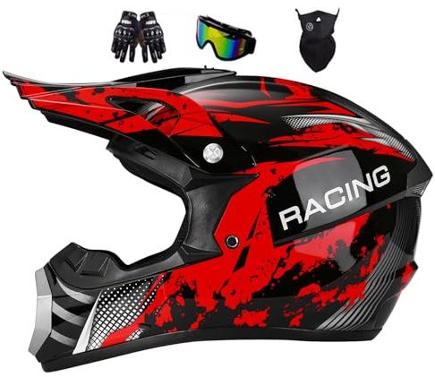 Motorradhelm Kinder, Fullface Downhill Motocross Helm, Jugend Crosshelm Helm Motorrad MTB Enduro Quad, Für Mountainbike MTB ATV Bergbuggy Sport Schutz, Mit Handschuhe Maske Brille