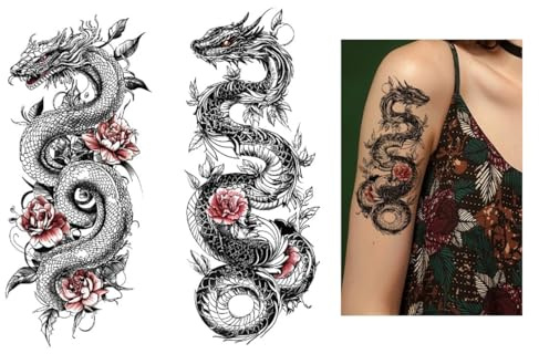 Lot de 2 tatouages temporaires dragon avec roses Tatouage faux dragon XQB1038 1040