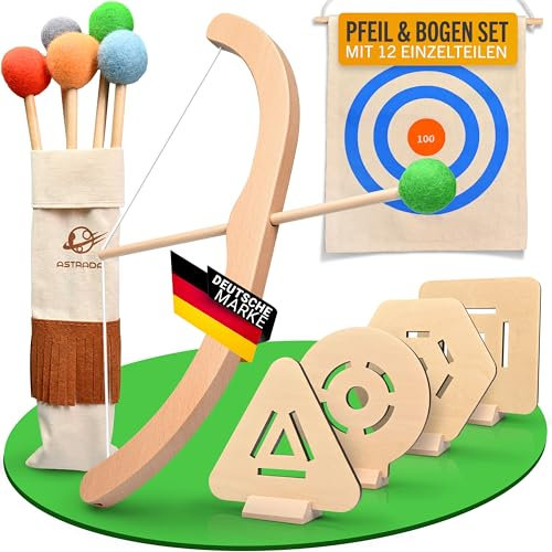 ASTRADA® Pfeil und Bogen Set für Kinder [ab 4 Jahre] - sicheres Bogenschießen mit Kinderbogen inkl. Holz-Pfeilen mit Filzköpfen, Köcher & Zielscheiben [für Outdoor & Indoor]