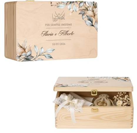 Maverton Scatola Regalo per Ricordi Personalizzata - Regalo Sposi - Scatole Portaoggetti in Legno di Pino Naturale - Regali Anniversario Matrimonio - per Coppia per Lettere Foto o Ricordi