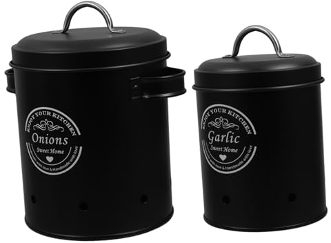 MUCKLILY 2pièces Pot à Ail Et Boîtes De Rangement Pour Pommes De Terre Oignons Légumes Métal Noir Avec Couvercle Et Trous Aération Pour Conserver Les Aliments Frais