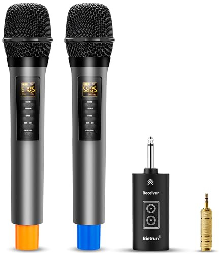 Bietrun Kabellose Mikrofone mit Echo, Höhen, Bass und Bluetooth, 49 m Reichweite, tragbares UHF-Handheld-Karaoke-Dynamic-Mikrofonsystem mit wiederaufladbarem Empfänger für Karaoke, Gesang, Verstärker