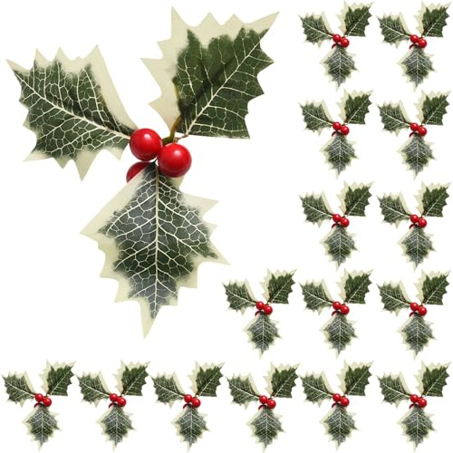 MUNSKT 15 bayas de acebo artificiales de Navidad con hojas verdes, ramas de acebo de Navidad falsas con bayas rojas para decoración de mesa de corona