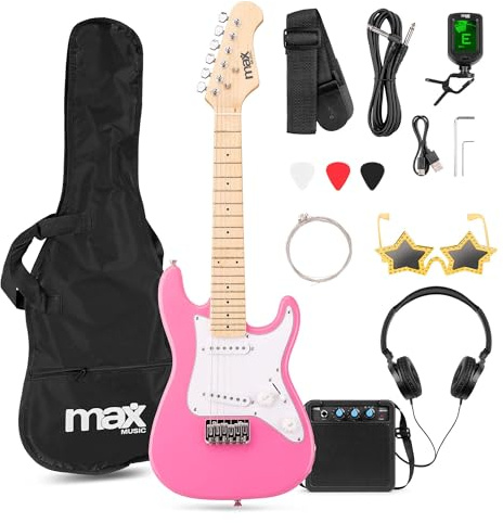 MAX GigKit Junior 1/4 – Guitarra eléctrica infantil con amplificador, funda, afinador, púas y accesorios – kit guitarra y amplificador ideal para niños y niñas de 3 a 7 años – color rosa