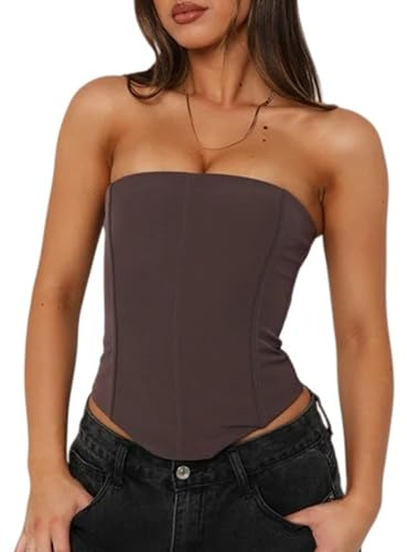 Thseonde Women Backless Corset Top Lace Up Stretch Bustier Going Out Tops Strapless Tube Boned Bodyshaper Overbust(Brown,S)