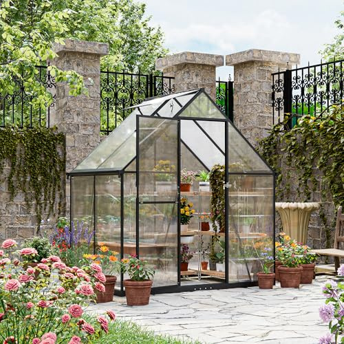 ALAULM Invernadero de policarbonato de 6 x 4 pies, gran invernadero de jardín con puerta con cerradura, techo a dos aguas y canalones de lluvia de doble cara para plantas, patio, patio trasero (negro)