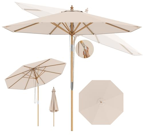 RELAX4LIFE Parasol Inclinable 270CM en Bambou, Parasol de Jardin Extérieur, 8 Baleines, Inclinaison 30°, Dessus Ventilée, Levage à Corde, 3 Positions, pour Jardin Terrasse Plage (Beige)