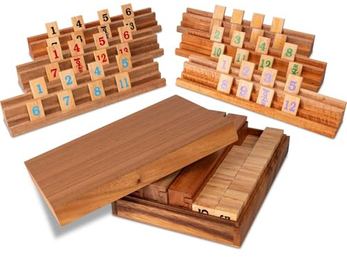 LOGOPLAY Rummy-spel i låda av trä – 6 spelare – Högkvalitativt brädspel med 6 bänkar & spelbrickor – Klassiskt sällskapsspel – 29 x 20 x 6,5 cm – 2 kg
