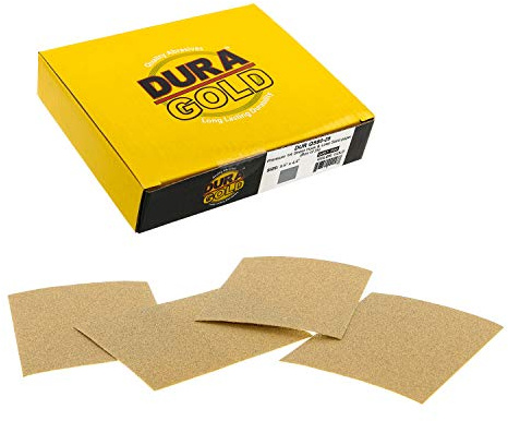 Dura-Gold Premium 1/4 Sheet Gold Sandpaper Sheets, 80 Grit (Box of 25) - 4.5 x 5.5 Size Hook & Loop Backing, Wood Furniture Woodworking, Auto Paint - for Palm Sanders, Clip-On, Hand Sanding Blocks
