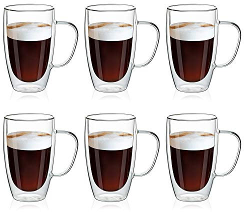 MEWAY 16oz/6 pack Coffee Mugs, Thickened Clear Glass Double Wall Cup with handle for Coffee, Tea, Latte, Cappuccino (16 oz,6)