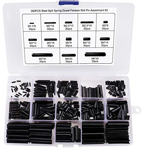 QIMEI-SHOP Perno di Tensione a Molla Spine Elastiche Acciaio al Manganese M1.5 M2 M2.5 M3 M4 M5 M6 Assortment Kit con Scatola 390 Pezzi