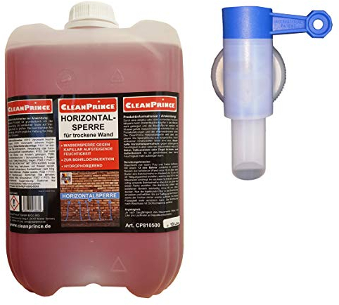 Horizontalsperre 10 Liter trockene Wand | mit einem beigelegten gratis Ausgießer Zapfhahn pro Bestellung | flüssig, Injektionsverfahren zur Bohrlochinjektion, hydrophobierend, Wassersperre