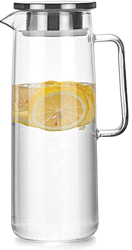 HwaGui Carafe eau Verre, Carafe d'eau de Borosilicate Couvercle en Acier Inoxydable pour jus, Pichet à Eau 1,5L