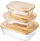 Igluu Meal Prep - Set de 3 Envases de Vidrio con Tapas de Bambú Respetuosos con el Medio Ambiente, Envases Apilables, Fiambrera Hermética, Libre de Plásticos (con 3 bandas elásticas)