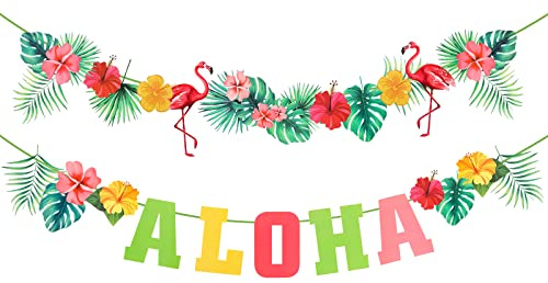 Aloha Banner Flamingo Tropische Partei Liefert Garland Hanging Banner Hawaii Künstliche Palmenblätter Tropical Party Dekoration Kit Sommer Beach Party Dekoration für Luau Garten Dschungel Karneval