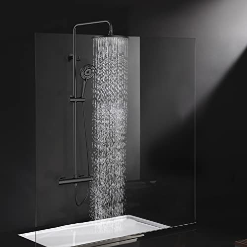 Rainsworth Termostatisk duschblandarset matt svart, 25 cm rund regndusch, 3 stråltyper handhållen dusch, höjdjusterbart duschset, duschsystem
