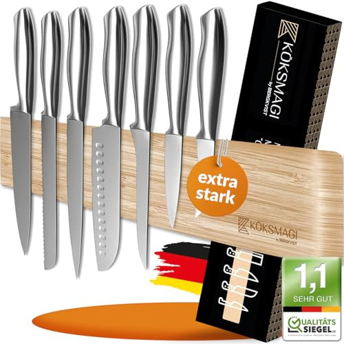 KÖKSMAGI® Barra magnética para cuchillos (50 cm) - portacuchillos magnético de bambú con imán extremadamente fuerte para cuchillos pesados - con accesorios para pegar y taladrar
