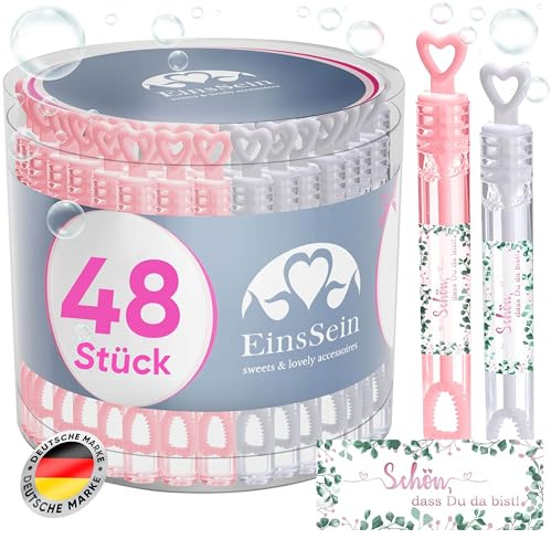 EinsSein Seifenblasen Hochzeit mit Aufkleber Herzgläschen Set rosa-weiss | Gastgeschenke für die goldene Hochzeit Taufe Geburtstag Valentinstag Verlobung Party| Hochzeitsseifenblasen mit Freudentränen