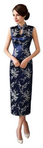Altsuceser Cheongsam Kleid für Damen, Stehkragen, Drache, Blumendruck, geteilter Saum, Qipao-Kleid, chinesisches Kleid, Blau, Größe XXL