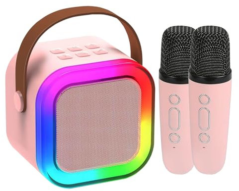 Mini Portable Microphone Karaoke Bluetooth sans Fil avec 2 Micro, avec Magique Voix Change et LED Lumière Qualité Sonore HiFi (Rose)