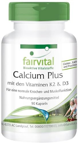 Fairvital Calcium Plus con las vitaminas K2 y D3-90 cápsulas. Dosificación segura. Combinación sinérgica. Calidad probada. Fabricado en Alemania