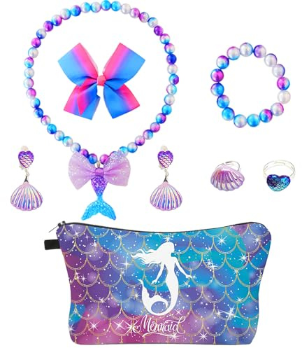 XIEXIESHER 8 Pcs Meerjungfrau Kinder Schmuckset, Meerjungfra Kinderschmuck, Mermaid Tasche, für Geburtstagsgeschenke, Meerjungfrau Party, Weihnachten Geschenke für Mädchen ab 3 Jahren